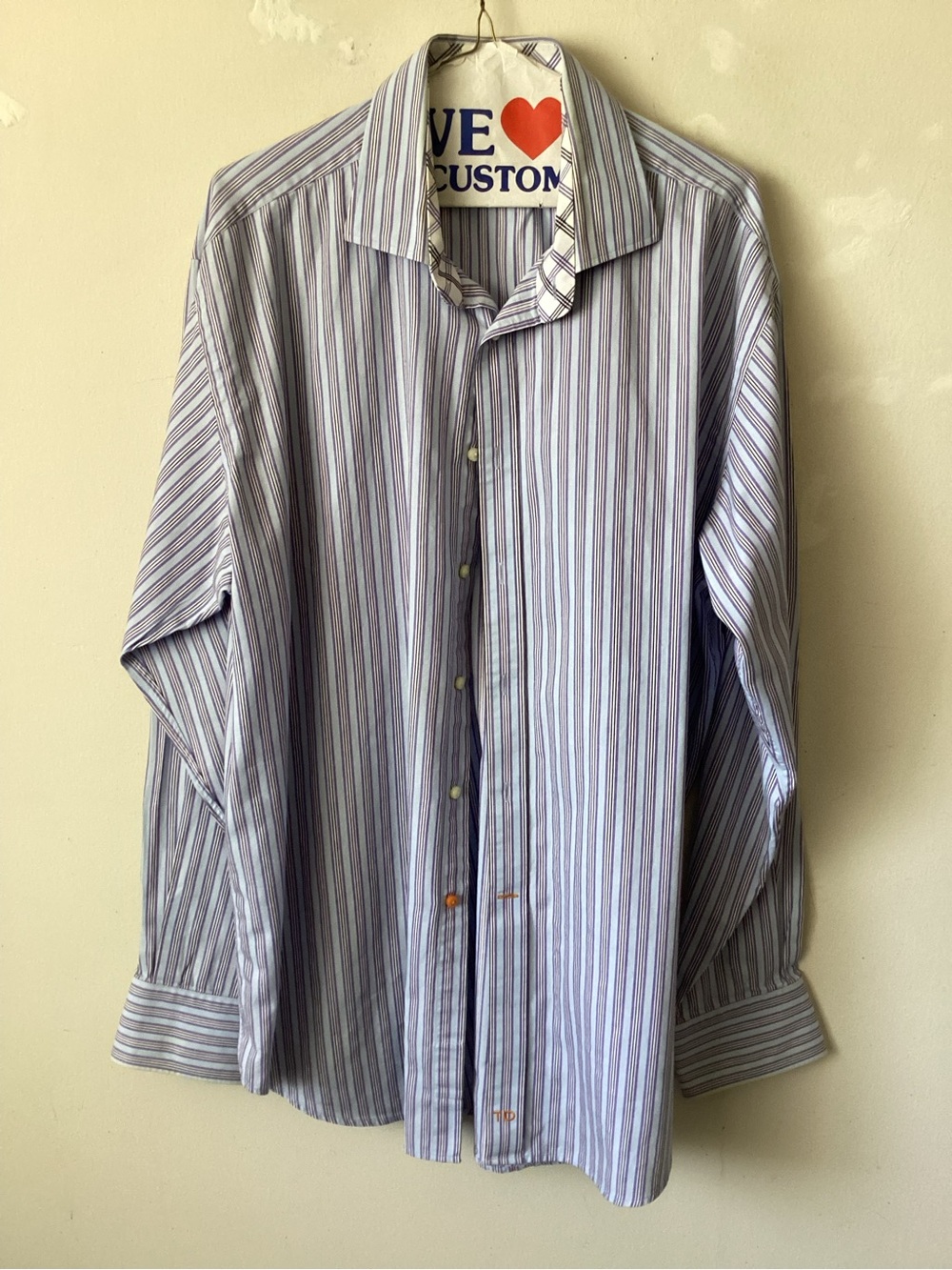 Thomas Dean long sleeve Men's Blue Stripe button up Dress Shirt.